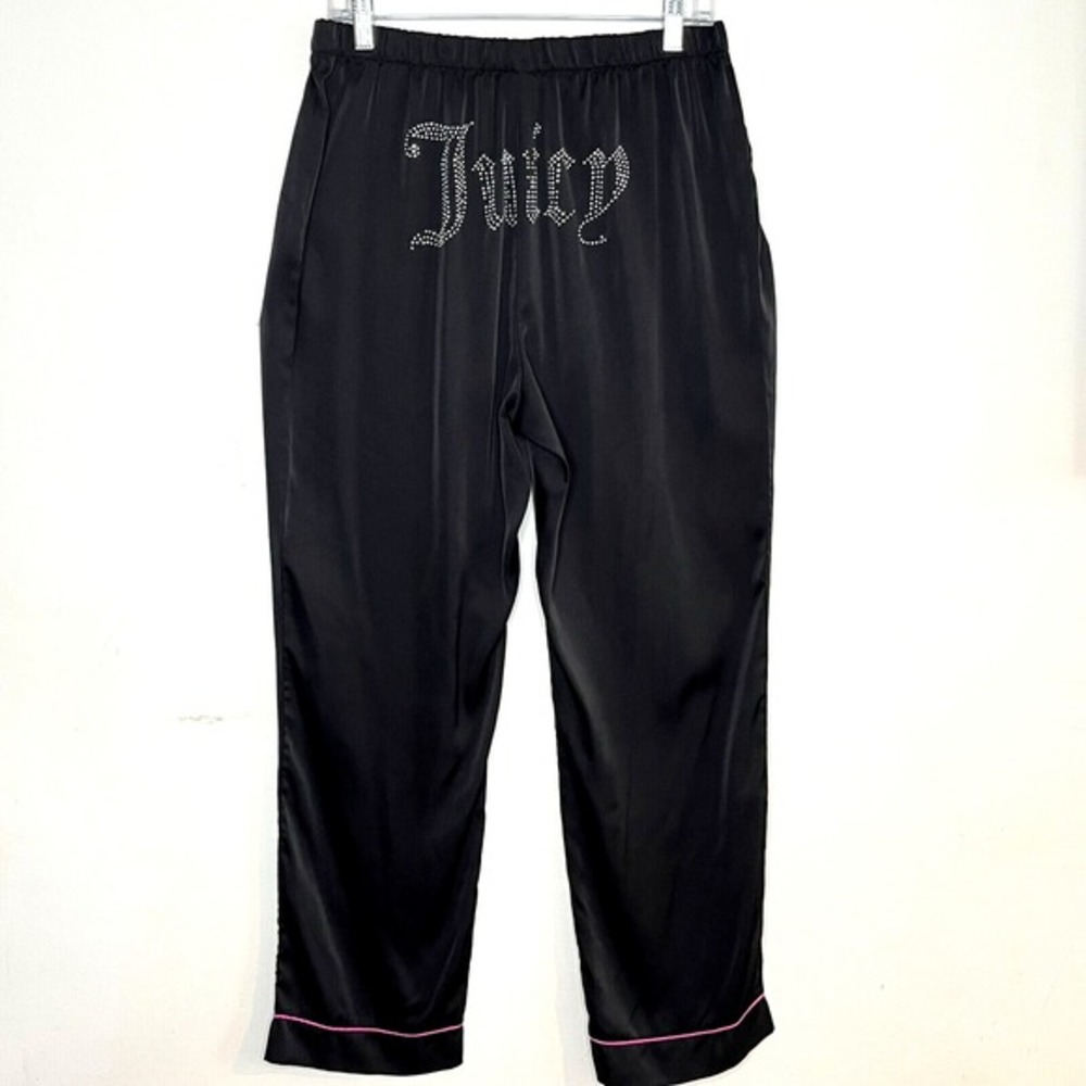Juicy Couture Studded Satin Pajama Pants Size L Black Elastic Waist Lounge Fem